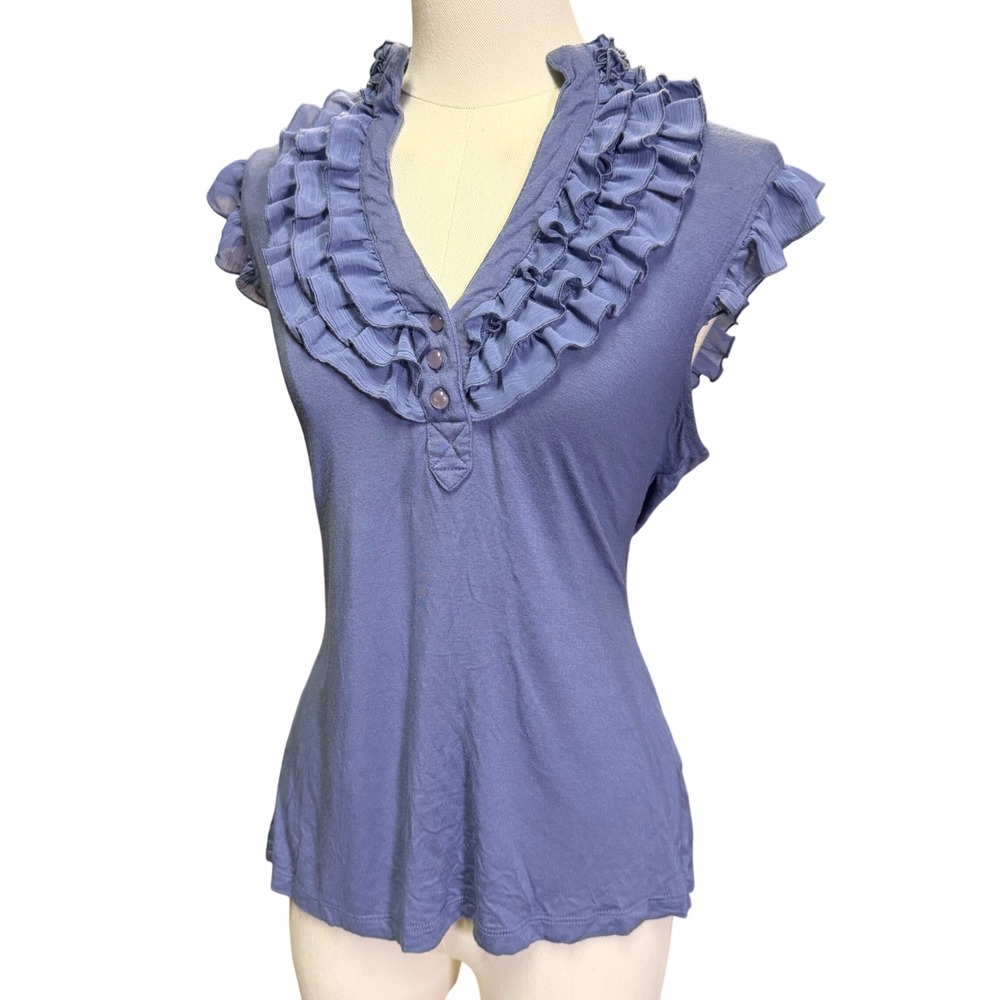 Twenty One Ruffled V-Neck Top Women Large Periwinkle Blue Good Y2K Indie Sleaze